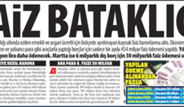 Faiz Bataklığı: Sadece Bir Ayda 454 Milyar Faiz Ödemesi