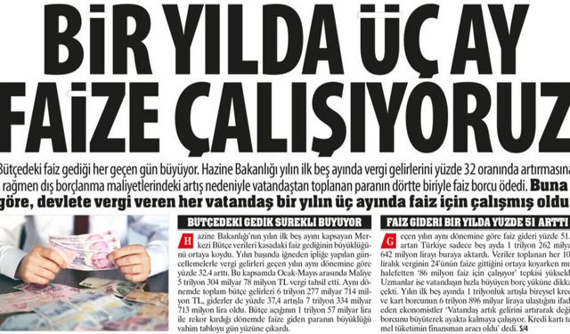 Bir Yılda Üç Ay Faize Çalışıyoruz:Bütçedeki Faiz Gediği Her Geçen Gün Büyüyor, Vergileri Dörtte Biri Faize Gidiyor