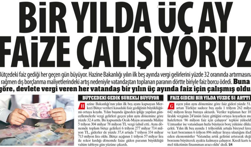 Bir Yılda Üç Ay Faize Çalışıyoruz:Bütçedeki Faiz Gediği Her Geçen Gün Büyüyor, Vergileri Dörtte Biri Faize Gidiyor
