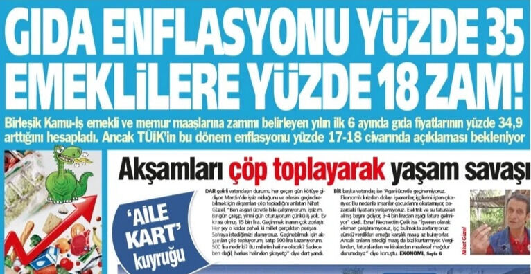 Yeniçağ Gazetesi: Gıda  Enflasyonu Yüzde 35 Emeklilere Yüzde 18 Zam