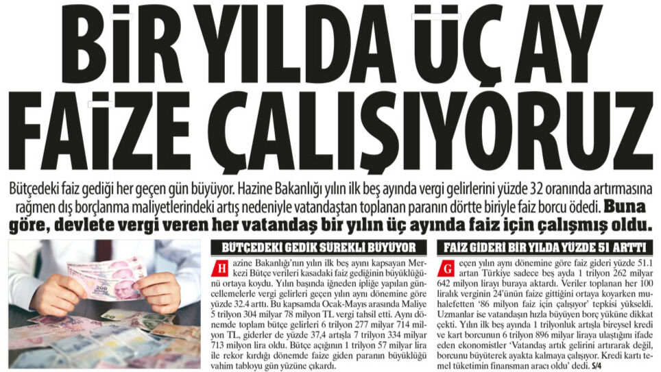 Bir Yılda Üç Ay Faize Çalışıyoruz:Bütçedeki Faiz Gediği Her Geçen Gün Büyüyor, Vergileri Dörtte Biri Faize Gidiyor