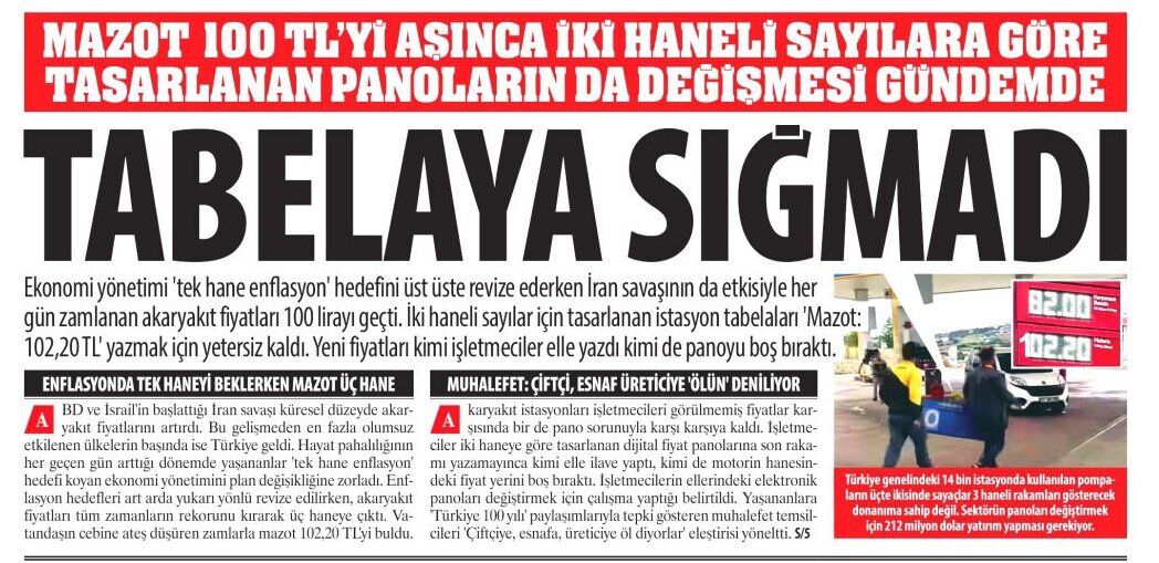 Tabelaya Sığmadı: Mazot 100 TL’yi Aşınca Tabela Yetersiz Kaldı, 'Mazot: 102,20 TL' Yazmak İçin Yetersiz Kaldı'