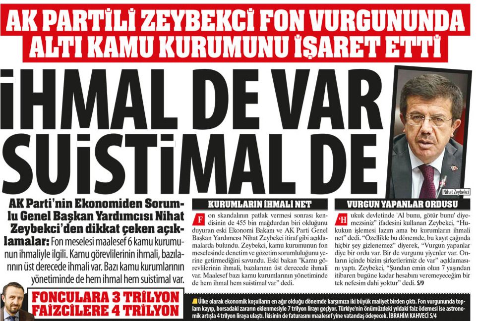 İhmal de Var Suistimal de: 'AK Partili Zeybekçi Fon Vurgununda Altı Kamu Kurumunu İşaret Etti' Siyasi Ayak Yok mu?